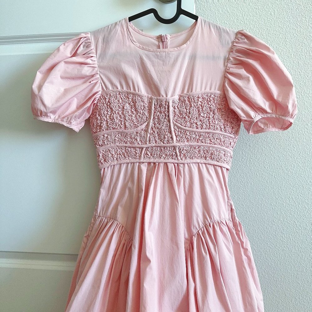 Pink Textured Puff Sleeves Midi Dress Poplin Pleated Deluxe Pretty Slim Dress